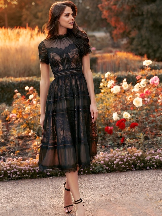 Dresses & Skirts - NWT Medium Elegant Short Sleeve Midi Lace Formal Cocktail Dress Black